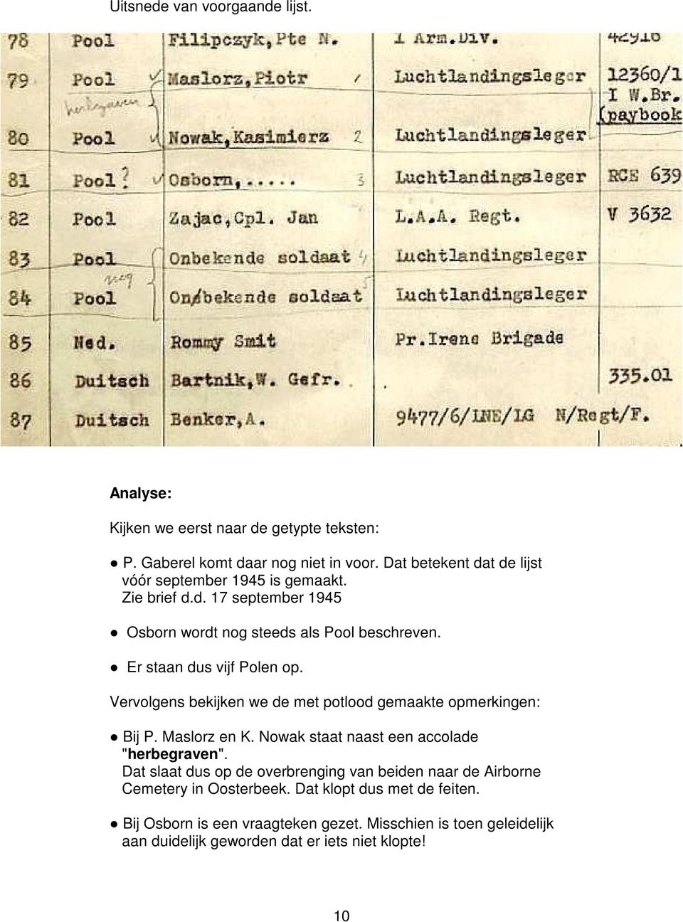 Er staan dus vijf Polen op. Vervolgens bekijken we de met potlood gemaakte opmerkingen: Bij P. Maslorz en K. Nowak staat naast een accolade "herbegraven".