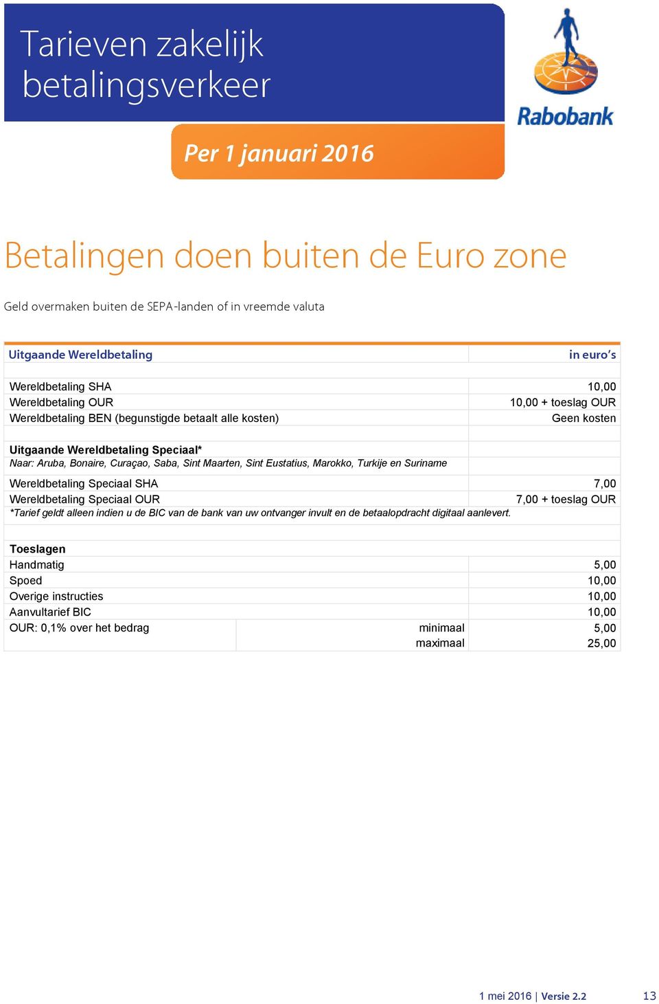 en Suriname Wereldbetaling Speciaal SHA 7,00 Wereldbetaling Speciaal OUR 7,00 + toeslag OUR *Tarief geldt alleen indien u de BIC van de bank van uw ontvanger invult en de