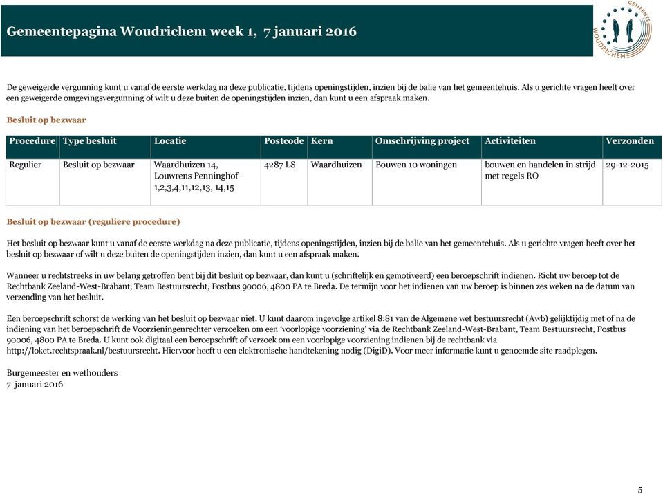 Besluit op bezwaar Regulier Besluit op bezwaar Waardhuizen 14, Louwrens Penninghof 1,2,3,4,11,12,13, 14,15 4287 LS Waardhuizen Bouwen 10 woningen bouwen en handelen in strijd met regels 29-12-2015