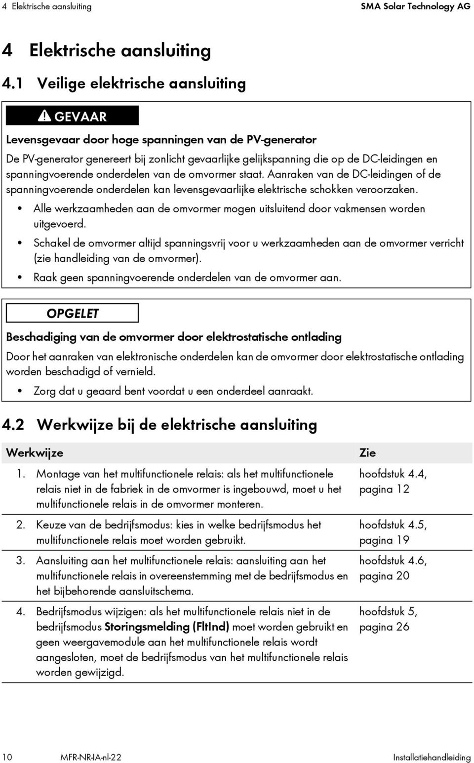 onderdelen van de omvormer staat. Aanraken van de DC-leidingen of de spanningvoerende onderdelen kan levensgevaarlijke elektrische schokken veroorzaken.