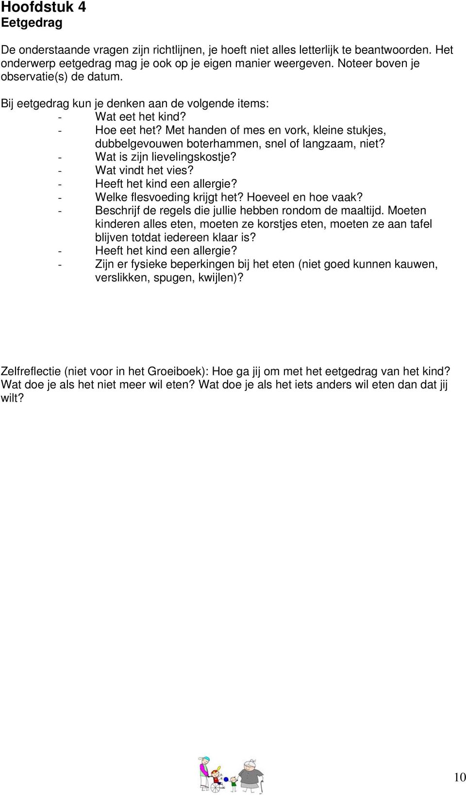 Met handen of mes en vork, kleine stukjes, dubbelgevouwen boterhammen, snel of langzaam, niet? - Wat is zijn lievelingskostje? - Wat vindt het vies? - Heeft het kind een allergie?