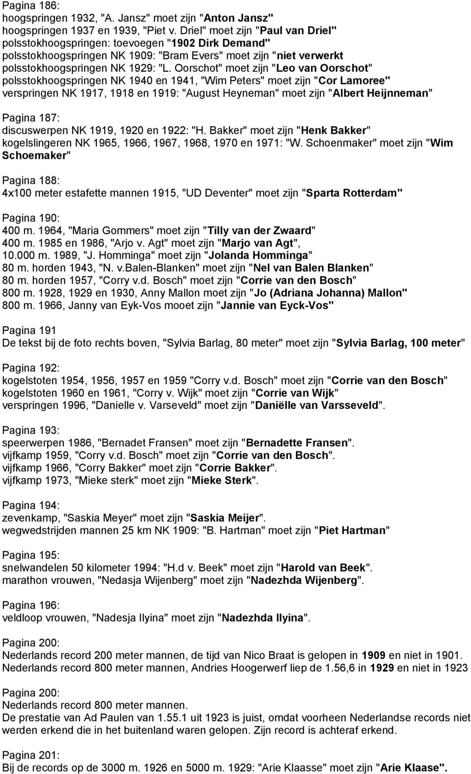 Oorschot" moet zijn "Leo van Oorschot" polsstokhoogspringen NK 1940 en 1941, "Wim Peters" moet zijn "Cor Lamoree" verspringen NK 1917, 1918 en 1919: "August Heyneman" moet zijn "Albert Heijnneman"