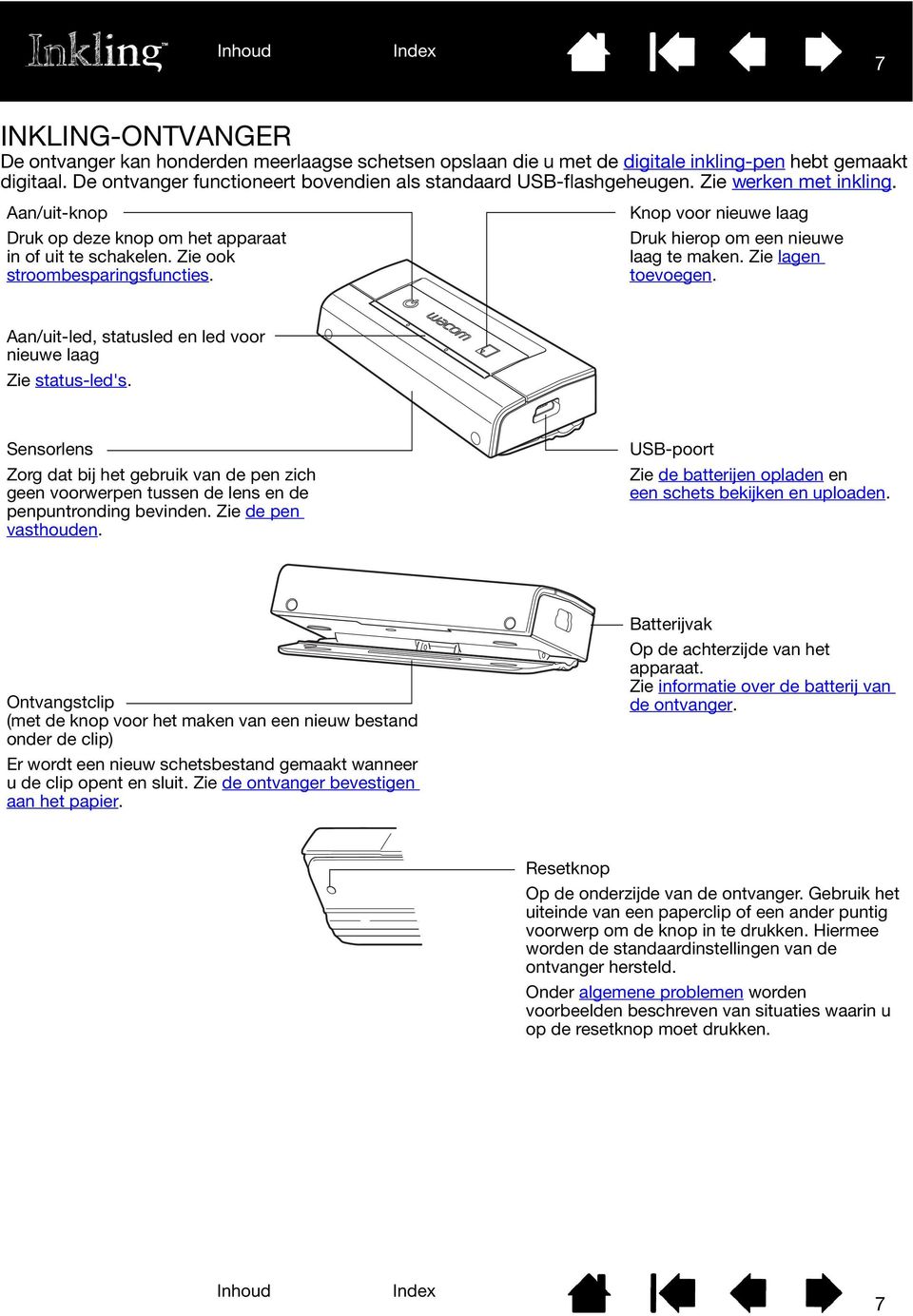 Zie lagen toevoegen. Aan/uit-led, statusled en led voor nieuwe laag Zie status-led's. Sensorlens Zorg dat bij het gebruik van de pen zich geen voorwerpen tussen de lens en de penpuntronding bevinden.