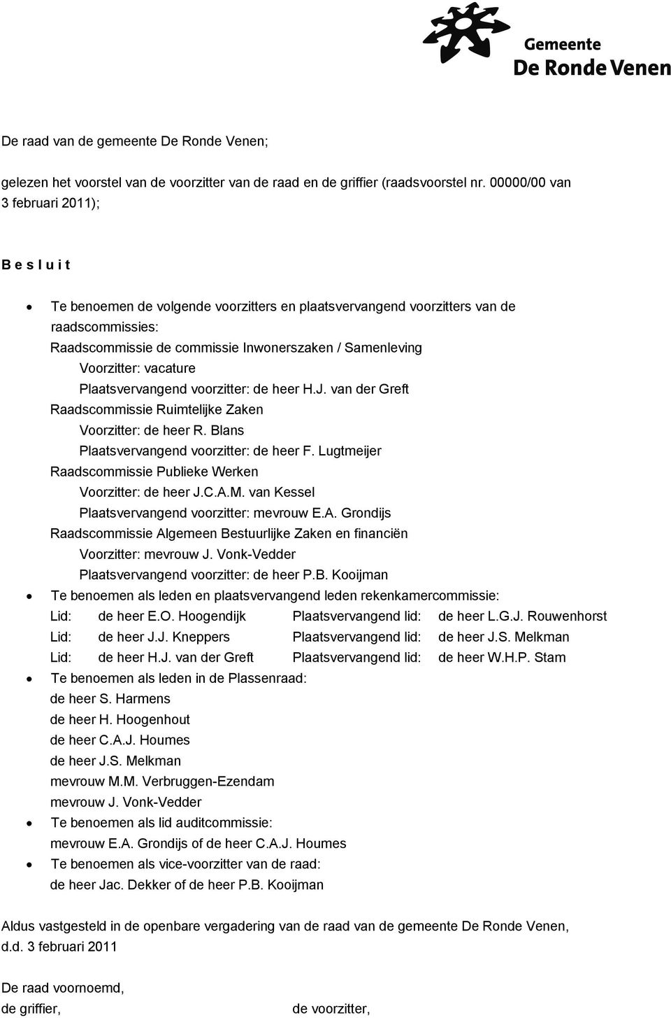 Voorzitter: vacature Plaatsvervangend voorzitter: de heer H.J. van der Greft Raadscommissie Ruimtelijke Zaken Voorzitter: de heer R. Blans Plaatsvervangend voorzitter: de heer F.