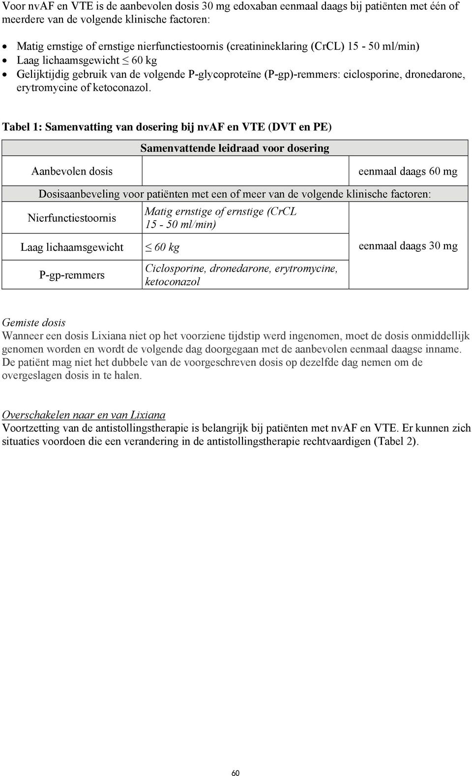 Tabel 1: Samenvatting van dosering bij nvaf en VTE (DVT en PE) Samenvattende leidraad voor dosering Aanbevolen dosis eenmaal daags 60 mg Dosisaanbeveling voor patiënten met een of meer van de