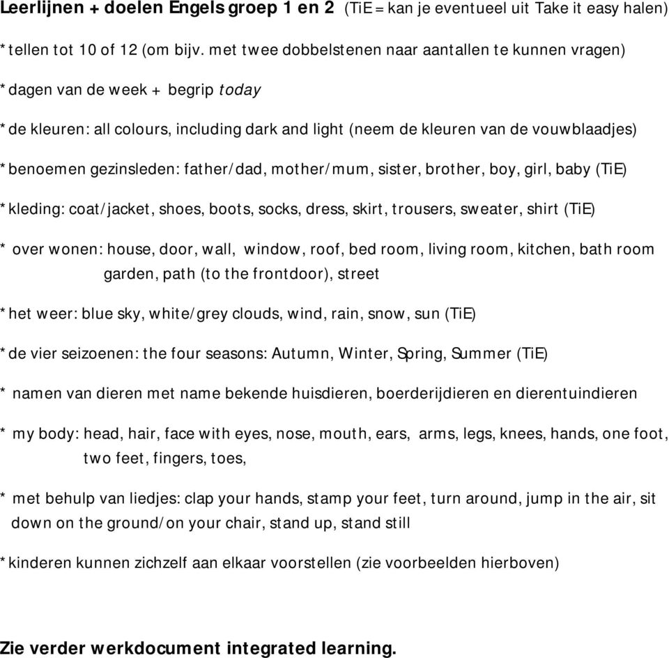 gezinsleden: father/dad, mother/mum, sister, brother, boy, girl, baby (TiE) *kleding: coat/jacket, shoes, boots, socks, dress, skirt, trousers, sweater, shirt (TiE) * over wonen: house, door, wall,