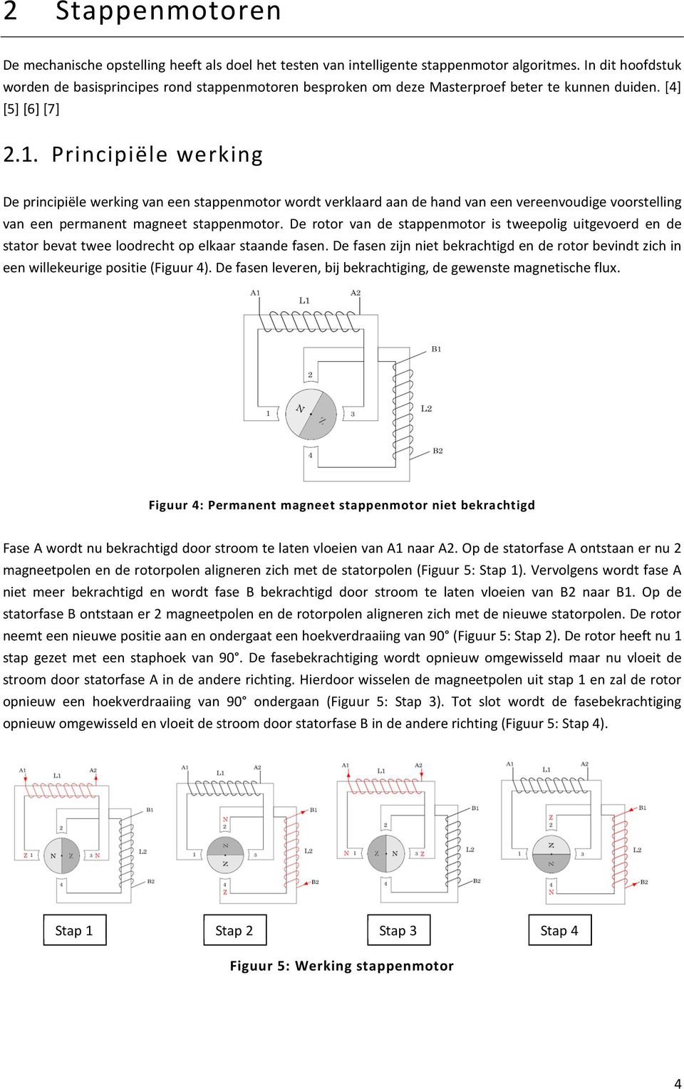 Principiële werking De principiële werking van een stappenmotor wordt verklaard aan de hand van een vereenvoudige voorstelling van een permanent magneet stappenmotor.
