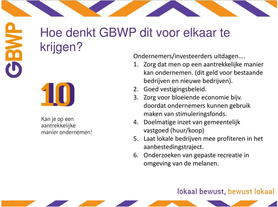 Goed vestigingsbeleid. 3. Zorg voor bloeiende economie bijv. doordat ondernemers kunnen gebruik maken van stimuleringsfonds. 4.