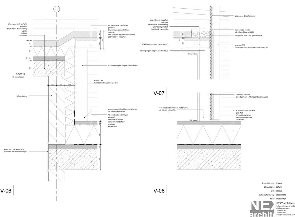 5m² K/W groendak bitumineuze dakbedekking multiplex HEA (volgens opgave constructeur) geprofileerde staalplaat staander (volgens opgave constructeur) voet consructie inpakken met bitumen tot 130mm