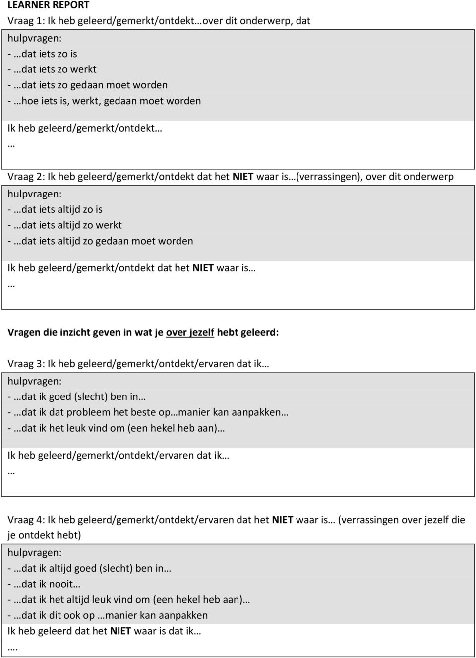 moet worden Ik heb geleerd/gemerkt/ontdekt dat het NIET waar is Vragen die inzicht geven in wat je over jezelf hebt geleerd: Vraag 3: Ik heb geleerd/gemerkt/ontdekt/ervaren dat ik - dat ik goed