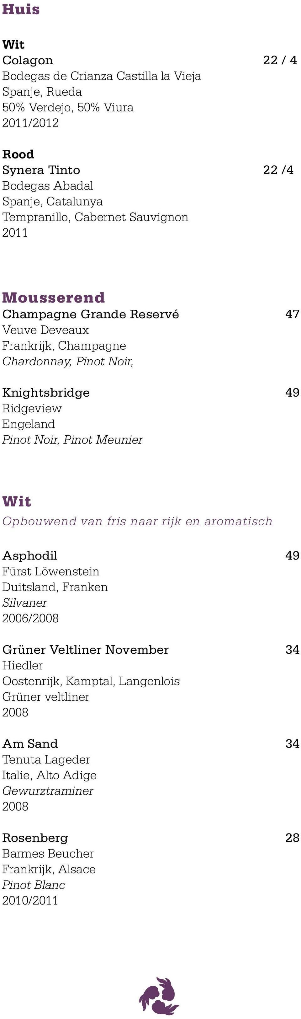 Noir, Pinot Meunier Wit Opbouwend van fris naar rijk en aromatisch Asphodil 49 Fürst Löwenstein Duitsland, Franken Silvaner 2006/2008 Grüner Veltliner November 34 Hiedler