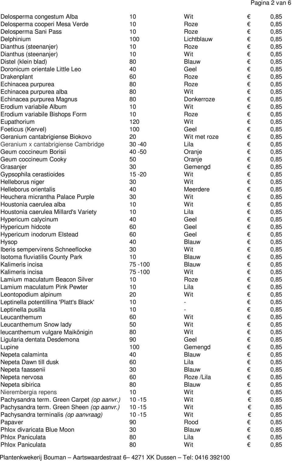 0,85 Echinacea purpurea Magnus 80 Donkerroze 0,85 Erodium variabile Album 10 Wit 0,85 Erodium variabile Bishops Form 10 Roze 0,85 Eupathorium 120 Wit 0,85 Foeticus (Kervel) 100 Geel 0,85 Geranium