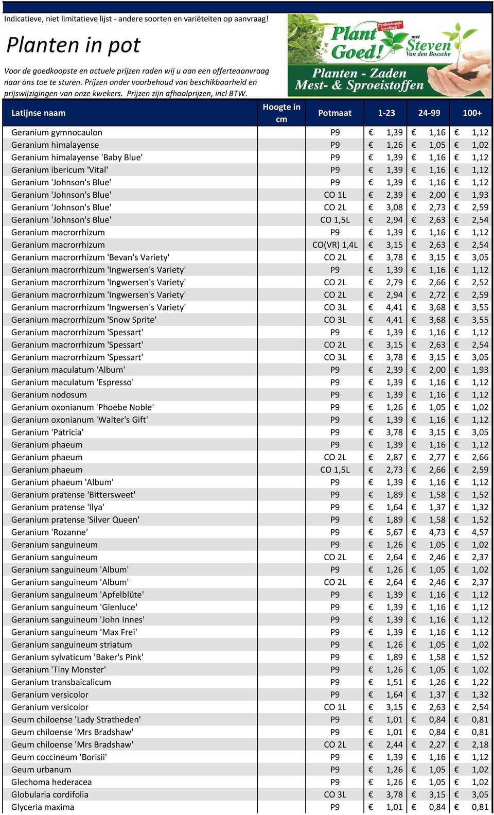 1,12 Geranium macrorrhizum CO(VR) 1,4L 3,15 2,63 2,54 Geranium macrorrhizum 'Bevan's Variety' CO 2L 3,78 3,15 3,05 Geranium macrorrhizum 'Ingwersen's Variety' P9 1,39 1,16 1,12 Geranium macrorrhizum