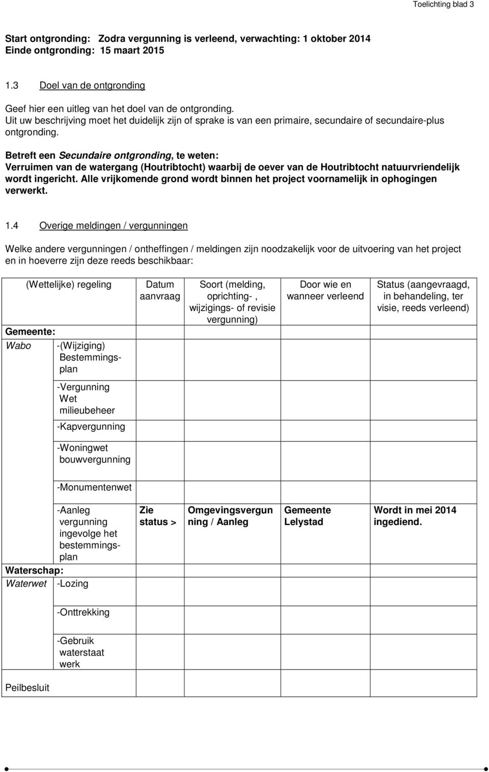 Betreft een Secundaire ontgronding, te weten: Verruimen van de watergang (Houtribtocht) waarbij de oever van de Houtribtocht natuurvriendelijk wordt ingericht.