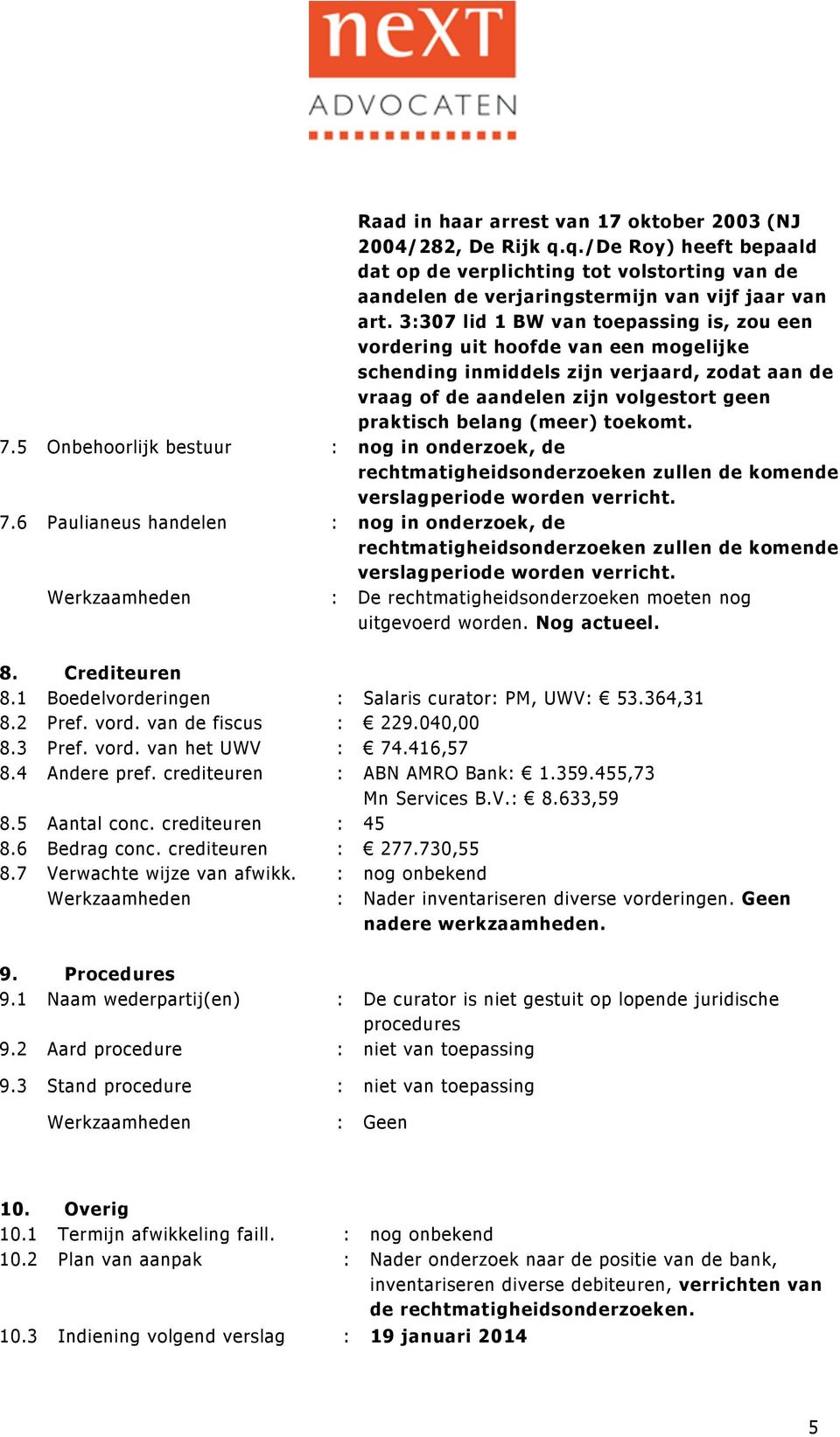 toekomt. 7.5 Onbehoorlijk bestuur : nog in onderzoek, de 7.6 Paulianeus handelen : nog in onderzoek, de Werkzaamheden : De rechtmatigheidsonderzoeken moeten nog uitgevoerd worden. Nog actueel. 8.