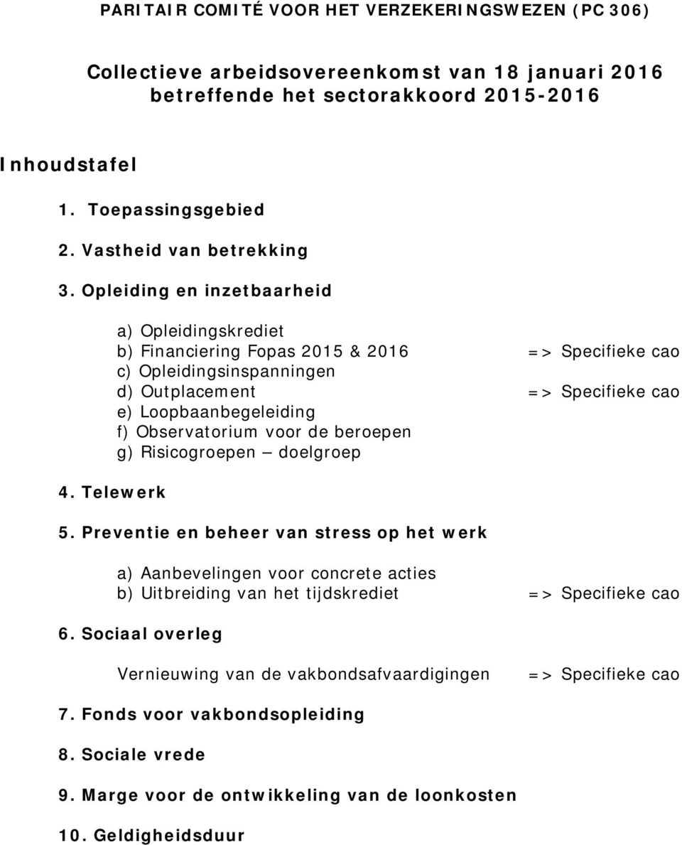 Telewerk a) Opleidingskrediet b) Financiering Fopas 2015 & 2016 => Specifieke cao c) Opleidingsinspanningen d) Outplacement => Specifieke cao e) Loopbaanbegeleiding f) Observatorium voor de beroepen