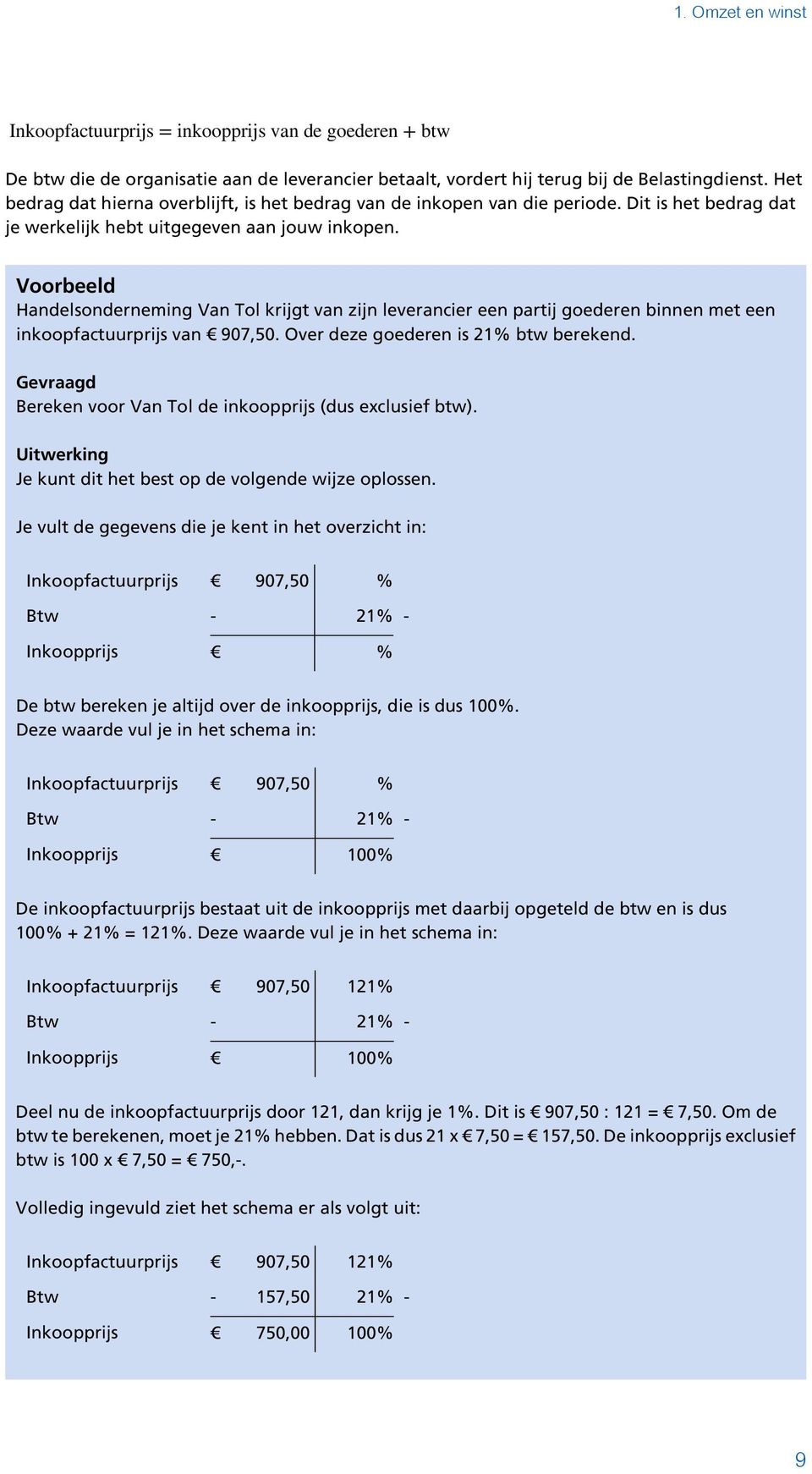 Voorbeeld Handelsonderneming Van Tol krijgt van zijn leverancier een partij goederen binnen met een inkoopfactuurprijs van 907,50. Over deze goederen is btw berekend.