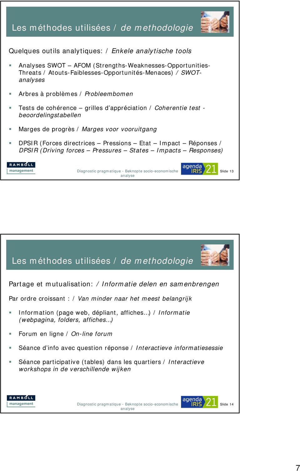 vooruitgang DPSIR (Forces directrices Pressions Etat Impact Réponses / DPSIR (Driving forces Pressures States Impacts Responses) Slide 13 Les méthodes utilisées / de methodologie Partage et