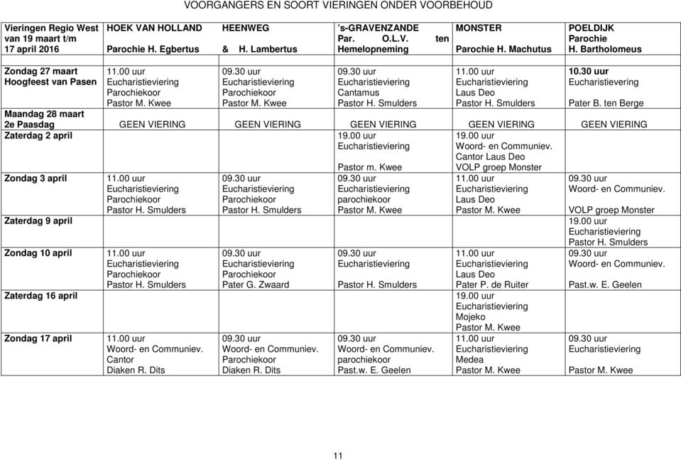 ten Berge Maandag 28 maart 2e Paasdag GEEN VIERING GEEN VIERING GEEN VIERING GEEN VIERING GEEN VIERING Zaterdag 2 april 19.00 uur 19.00 uur Woord- en Communiev.