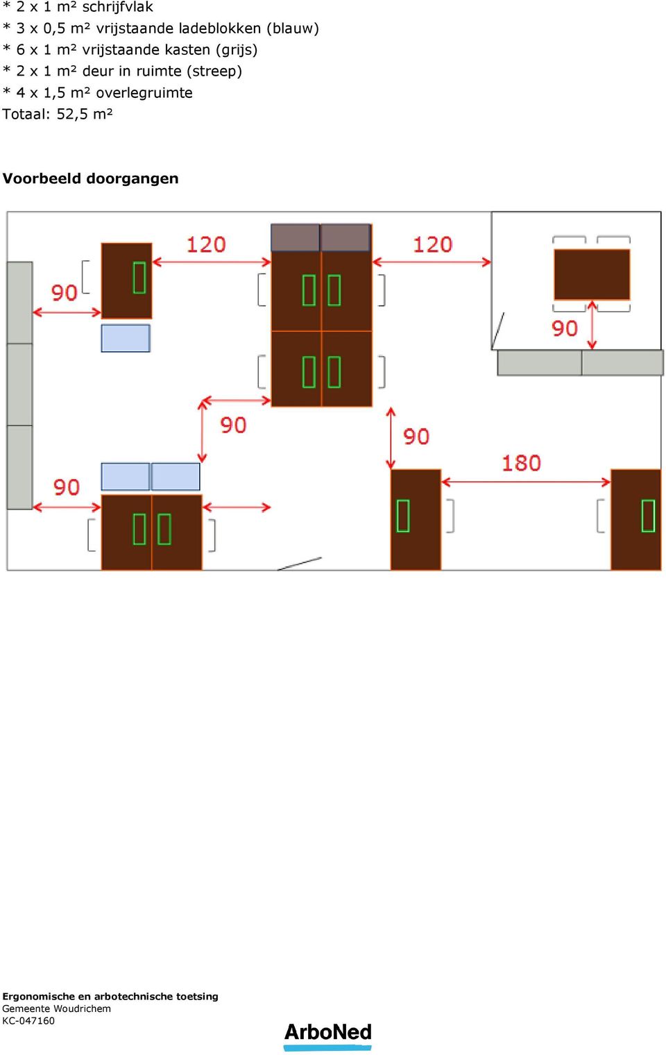 (grijs) * 2 x 1 m² deur in ruimte (streep) * 4 x