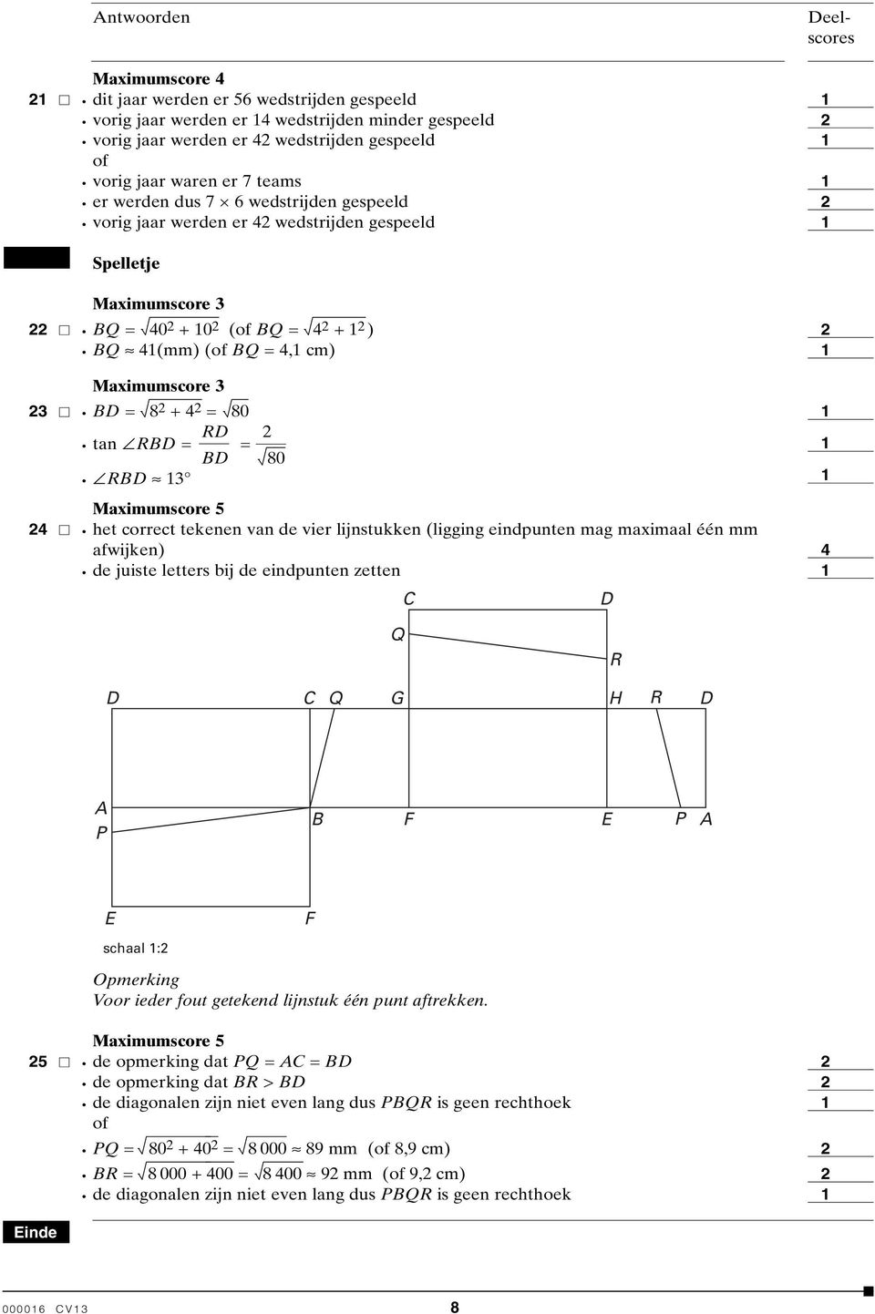 correct tekenen van de vier lijnstukken (ligging eindpunten mag maximaal één mm afwijken) de juiste letters bij de eindpunten zetten 4 Q R Q G H R A P B F E P A E F schaal : Voor ieder fout getekend