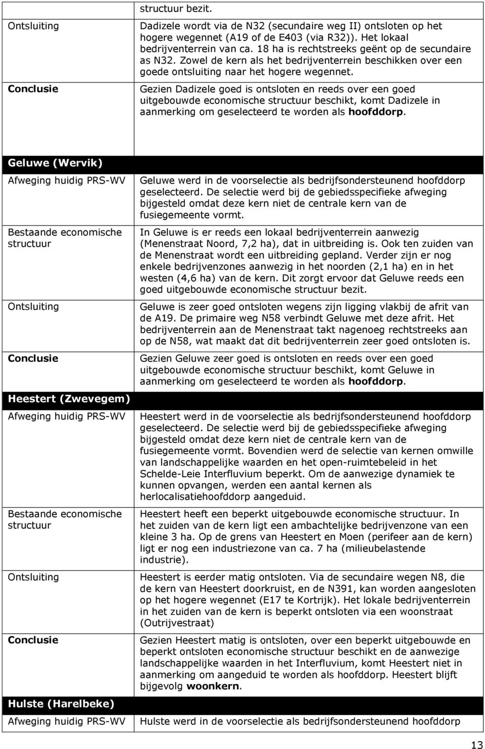 Gezien Dadizele goed is ontsloten en reeds over een goed uitgebouwde economische structuur beschikt, komt Dadizele in aanmerking om geselecteerd te worden als hoofddorp.