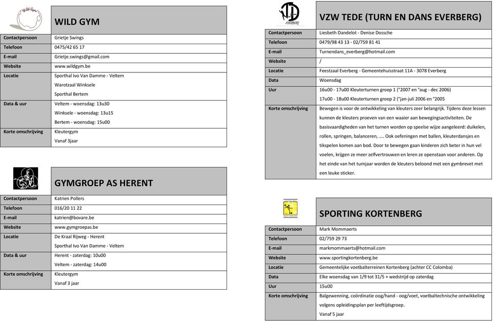 Vanaf 3jaar GYMGROEP AS HERENT Contactpersoon Katrien Pollers Telefoon 016/201122 E-mail katrien@bovare.be Website www.gymgroepas.
