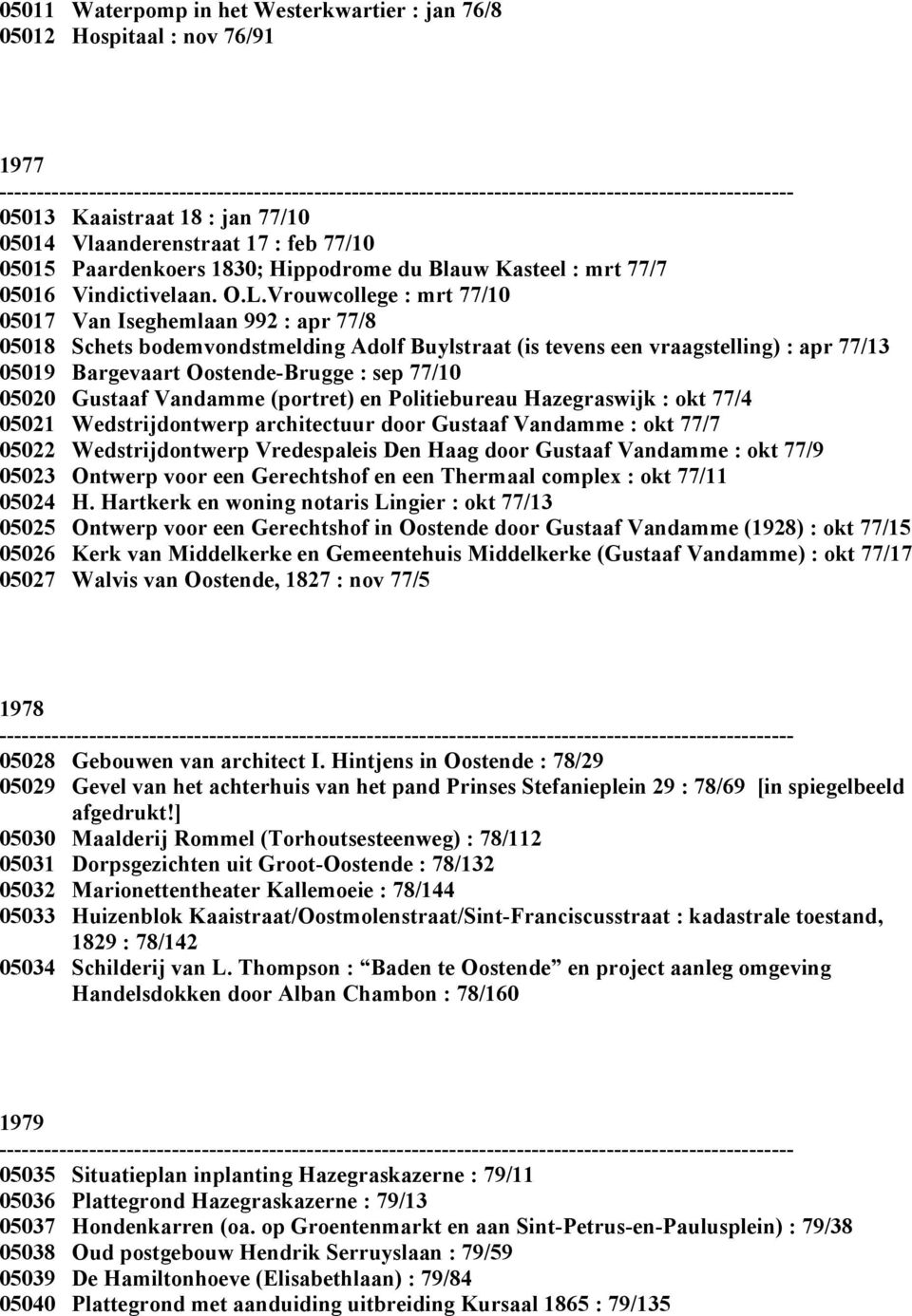 Vrouwcollege : mrt 77/10 05017 Van Iseghemlaan 992 : apr 77/8 05018 Schets bodemvondstmelding Adolf Buylstraat (is tevens een vraagstelling) : apr 77/13 05019 Bargevaart Oostende-Brugge : sep 77/10