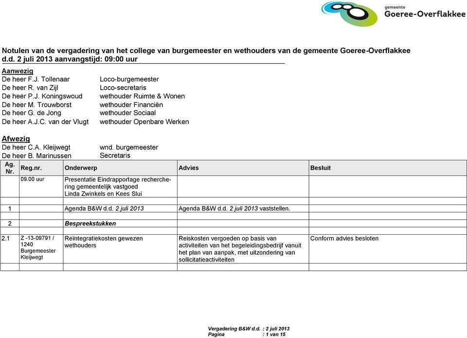 Loco-burgemeester Loco-secretaris wethouder Ruimte & Wonen wethouder Financiën wethouder Sociaal wethouder Openbare Werken 09.