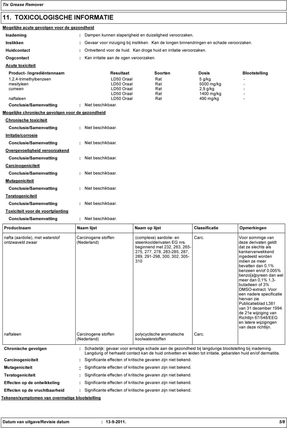 Acute toxiciteit Product- /ingrediëntennaam Resultaat Soorten Dosis Blootstelling 1,2,4-trimethylbenzeen LD50 Oraal Rat 5 g/kg - mesityleen LD50 Oraal Rat 5000 mg/kg - cumeen LD50 Oraal Rat 2,9 g/kg