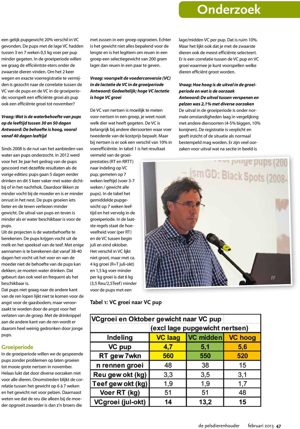 Om het 2 keer wegen en exacte voerregistratie te vermijden is gezocht naar de correlatie tussen de VC van de pups en de VC in de groeiperiode; voorspelt een efficiënte groei als pup ook een