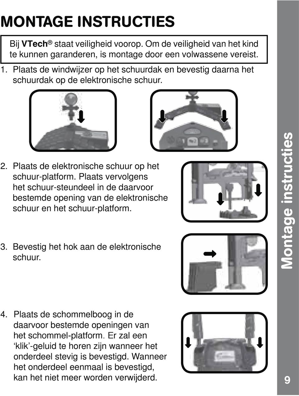 Plaats vervolgens het schuur-steundeel in de daarvoor bestemde opening van de elektronische schuur en het schuur-platform. 3. Bevestig het hok aan de elektronische schuur.