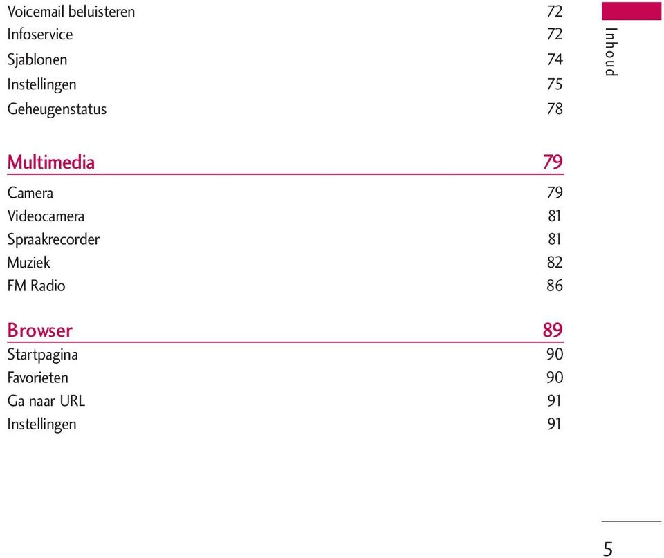 79 Videocamera 81 Spraakrecorder 81 Muziek 82 FM Radio 86