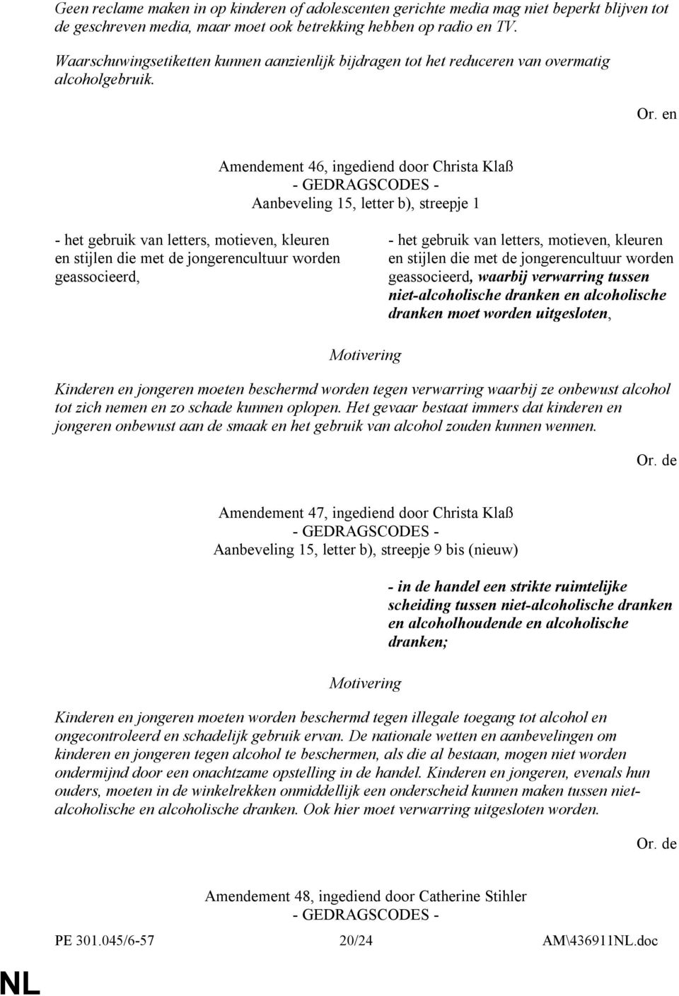 Amendement 46, ingediend door Christa Klaß - GEDRAGSCODES - Aanbeveling 15, letter b), streepje 1 - het gebruik van letters, motieven, kleuren en stijlen die met de jongerencultuur worden