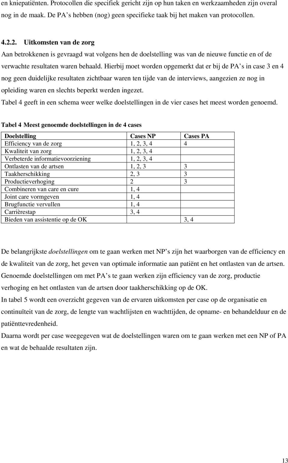 Hierbij moet worden opgemerkt dat er bij de PA s in case 3 en 4 nog geen duidelijke resultaten zichtbaar waren ten tijde van de interviews, aangezien ze nog in opleiding waren en slechts beperkt