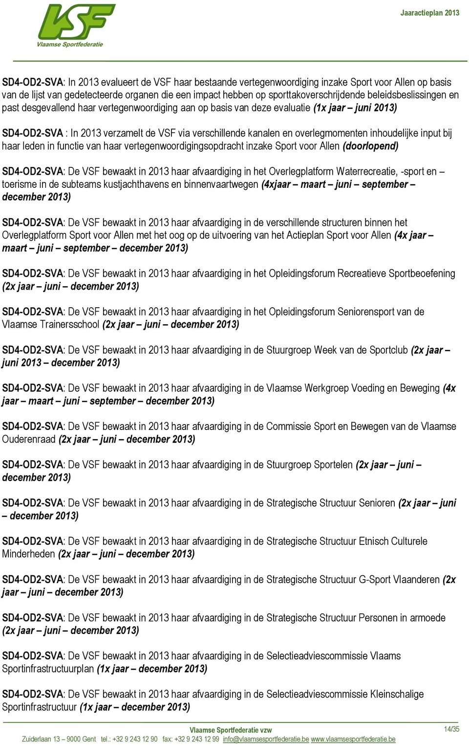 overlegmomenten inhoudelijke input bij haar leden in functie van haar vertegenwoordigingsopdracht inzake Sport voor Allen SD4-OD2-SVA: De VSF bewaakt in 2013 haar afvaardiging in het Overlegplatform