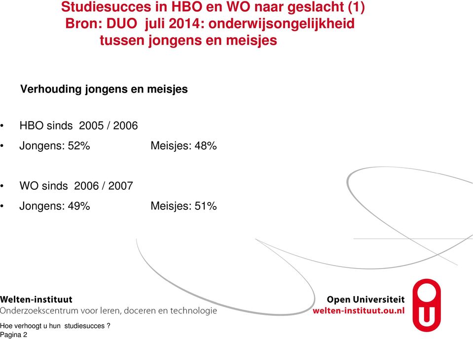 meisjes HBO sinds 2005 / 2006 Jongens: 52% Meisjes: 48% WO sinds 2006