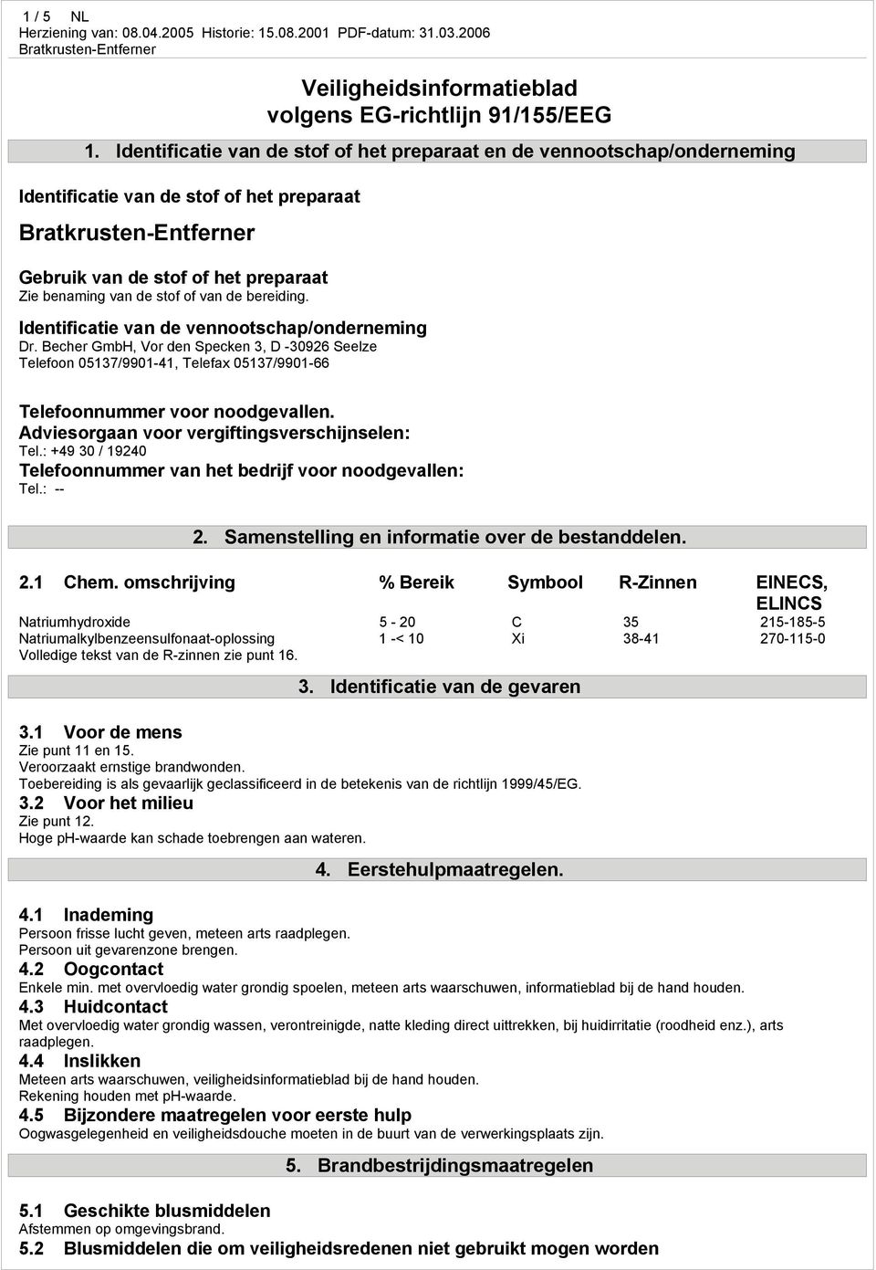 Identificatie van de vennootschap/onderneming Dr. Becher GmbH, Vor den Specken 3, D -30926 Seelze Telefoon 05137/9901-41, Telefax 05137/9901-66 Telefoonnummer voor noodgevallen.