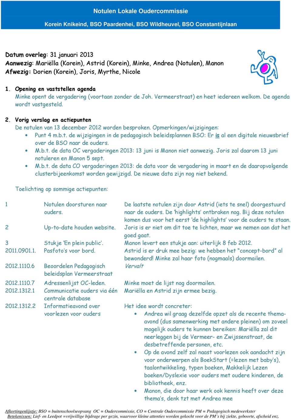 De agenda wordt vastgesteld. 2. Vorig verslag en actiepunten De notulen van 13 december 2012 worden besproken. Opmerkingen/wijzigingen: Punt 4 m.b.t. de wijzigingen in de pedagogisch beleidsplannen BSO: Er is al een digitale nieuwsbrief over de BSO naar de ouders.