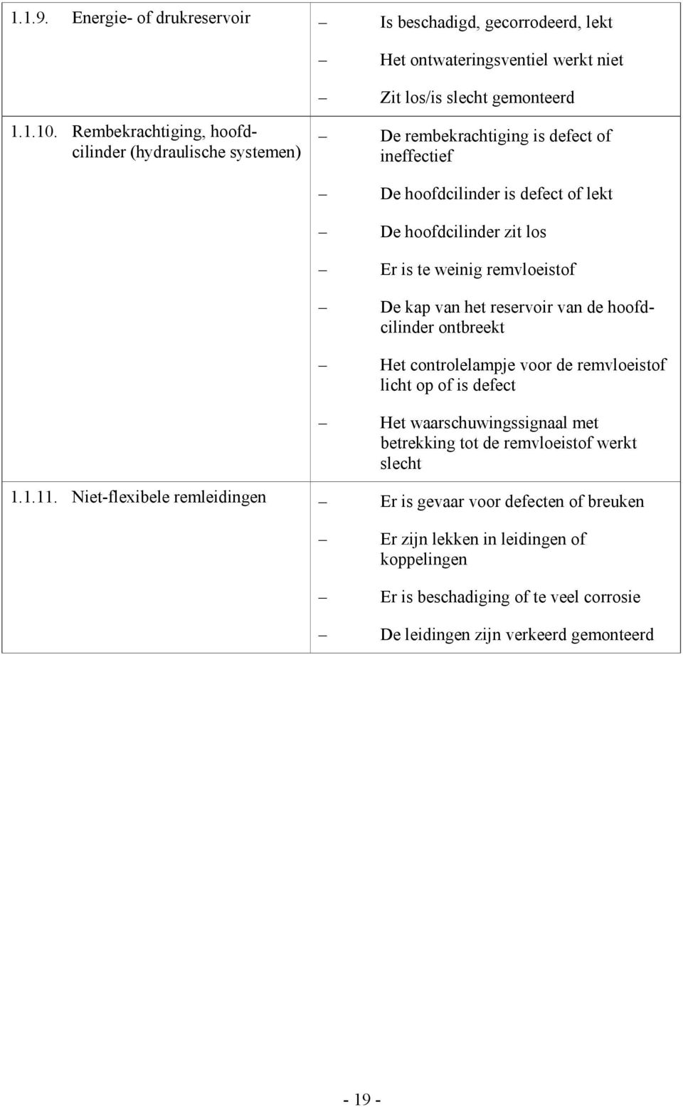 remvloeistof De kap van het reservoir van de hoofdcilinder ontbreekt Het controlelampje voor de remvloeistof licht op of is defect Het waarschuwingssignaal met betrekking tot de