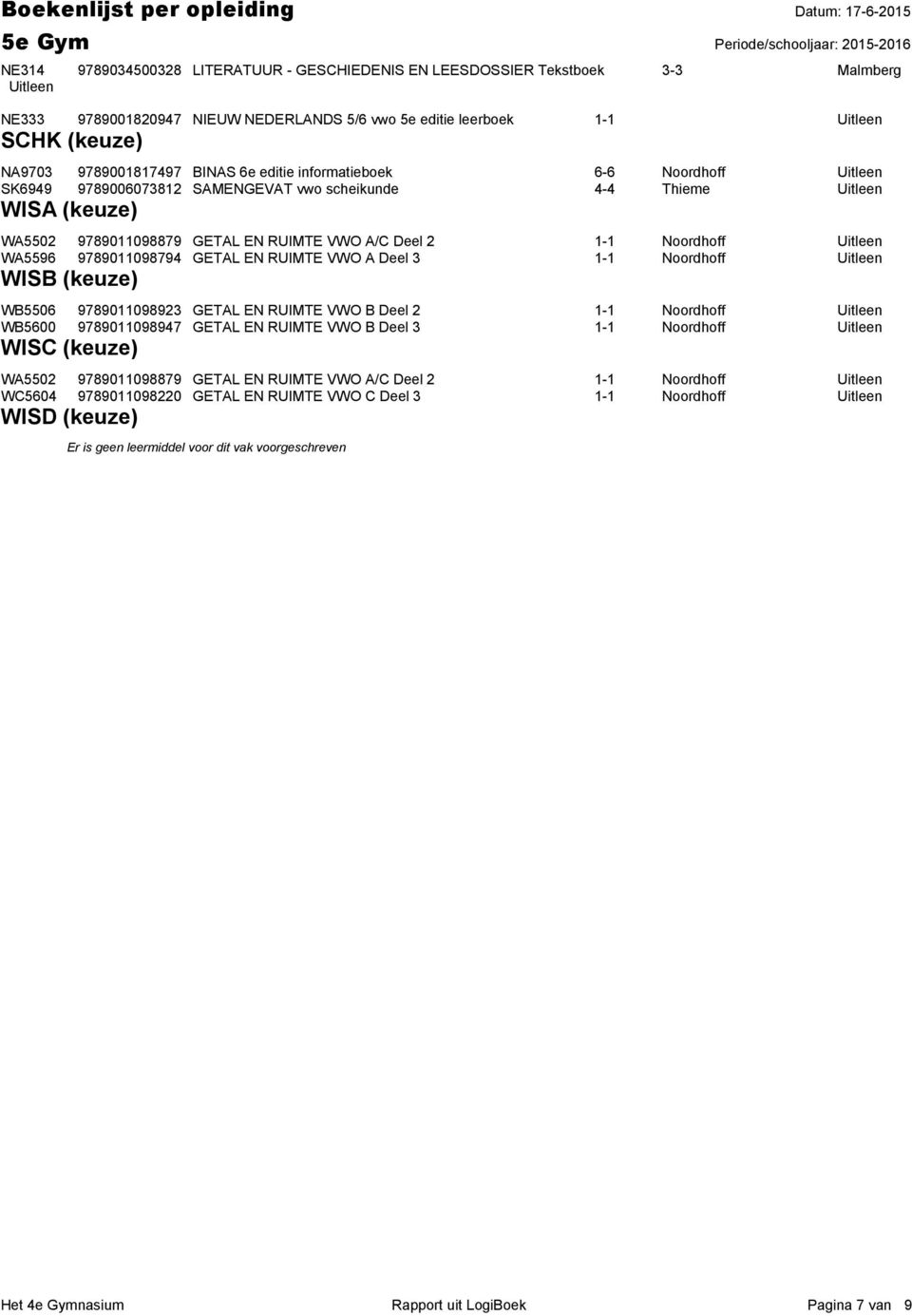 GETAL EN RUIMTE VWO A Deel 3 1-1 Noordhoff Uitleen WISB (keuze) WB5506 9789011098923 GETAL EN RUIMTE VWO B Deel 2 1-1 Noordhoff Uitleen WB5600 9789011098947 GETAL EN RUIMTE VWO B Deel 3 1-1 Noordhoff