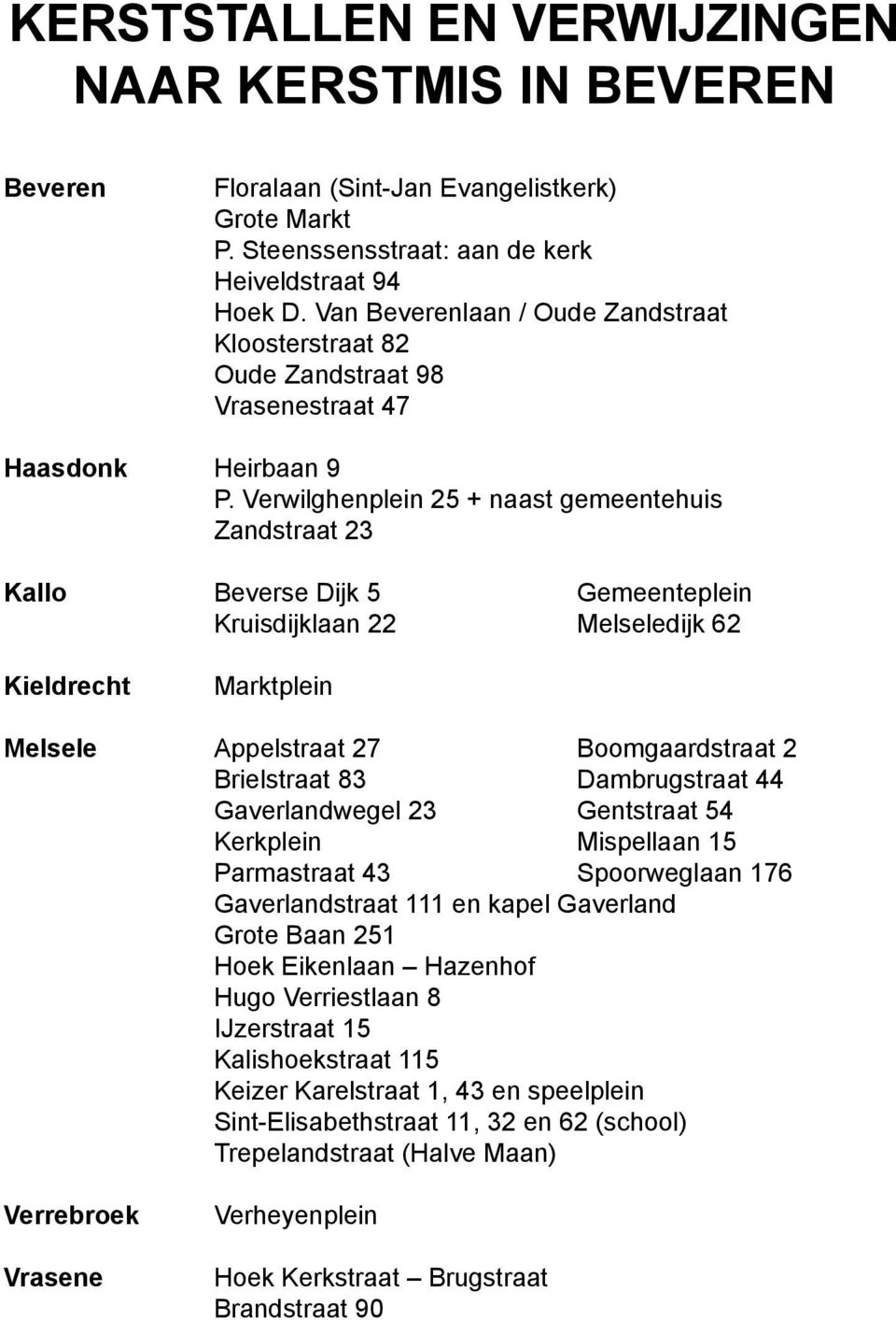 Verwilghenplein 25 + naast gemeentehuis Zandstraat 23 Kallo Beverse Dijk 5 Gemeenteplein Kruisdijklaan 22 Melseledijk 62 Kieldrecht Marktplein Melsele Appelstraat 27 Boomgaardstraat 2 Brielstraat 83