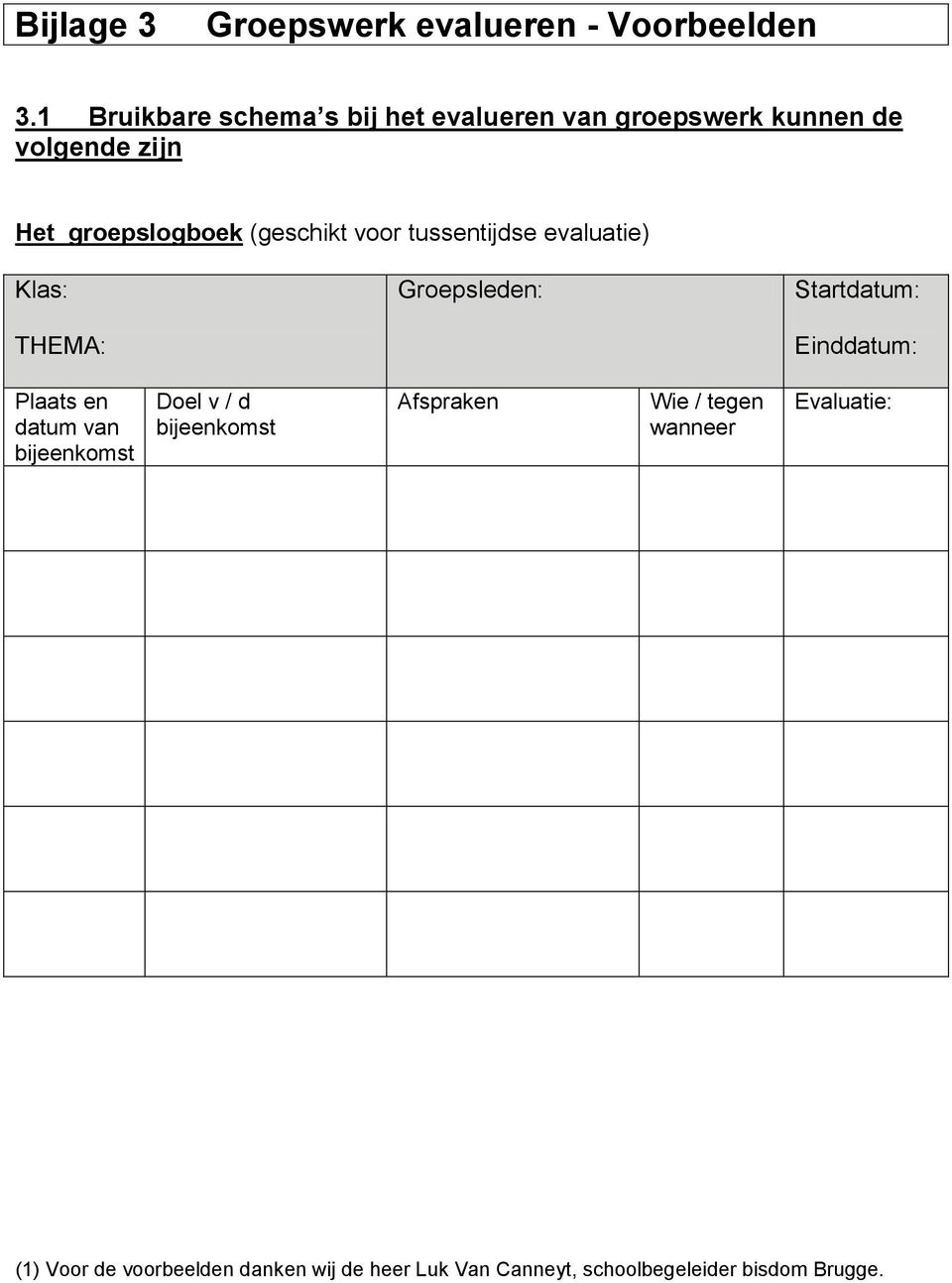 (geschikt voor tussentijdse evaluatie) Klas: Groepsleden: Startdatum: THEMA: Einddatum: Plaats en datum