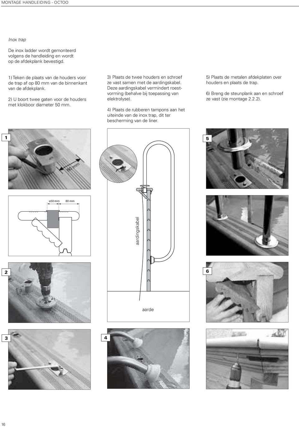 3) Plaats de twee houders en schroef ze vast samen met de aardingskabel. Deze aardingskabel vermindert roestvorming (behalve bij toepassing van elektrolyse).