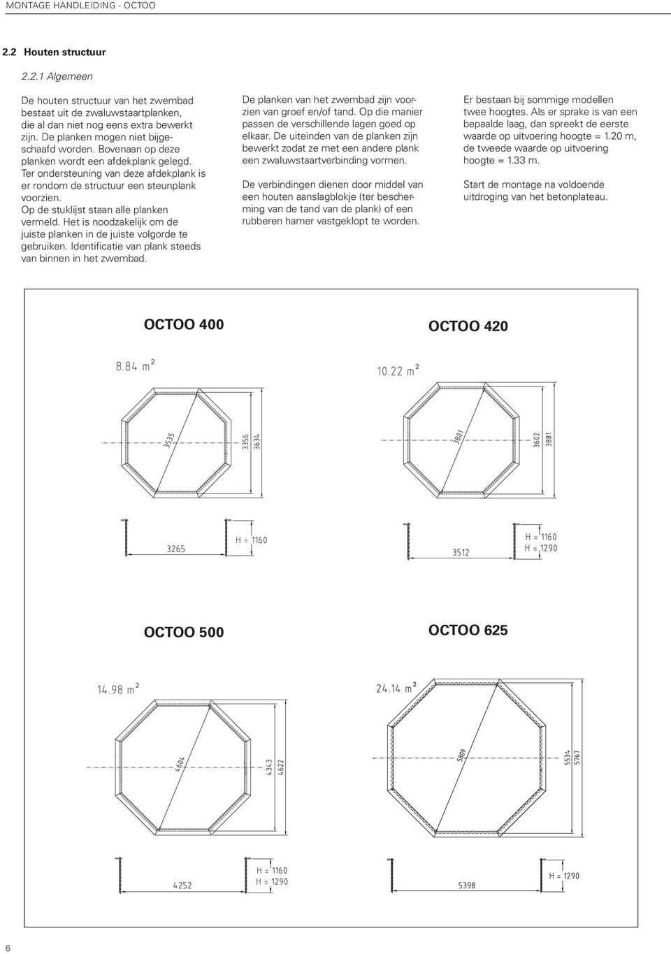 Op de stuklijst staan alle planken vermeld. Het is noodzakelijk om de juiste planken in de juiste volgorde te gebruiken. Identificatie van plank steeds van binnen in het zwembad.