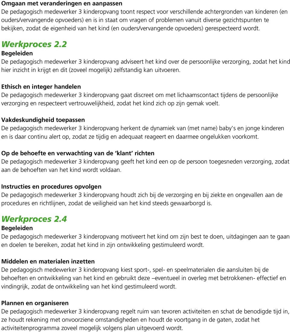 2 De pedagogisch medewerker 3 kinderopvang adviseert het kind over de persoonlijke verzorging, zodat het kind hier inzicht in krijgt en dit (zoveel mogelijk) zelfstandig kan uitvoeren.