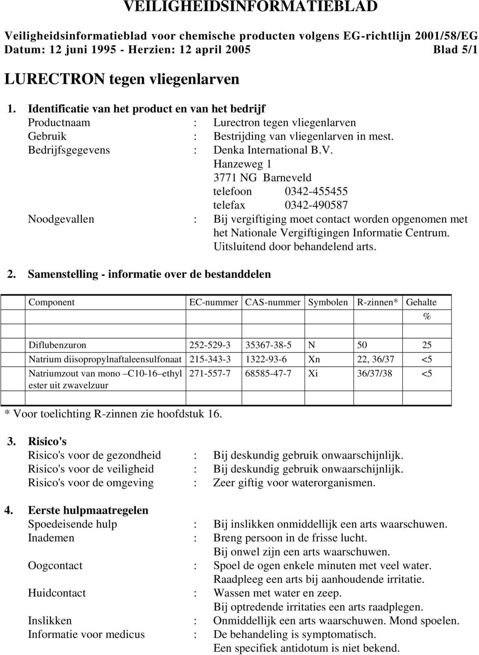 Hanzeweg 1 3771 NG Barneveld telefoon 0342-455455 telefax 0342-490587 Noodgevallen : Bij vergiftiging moet contact worden opgenomen met het Nationale Vergiftigingen Informatie Centrum.