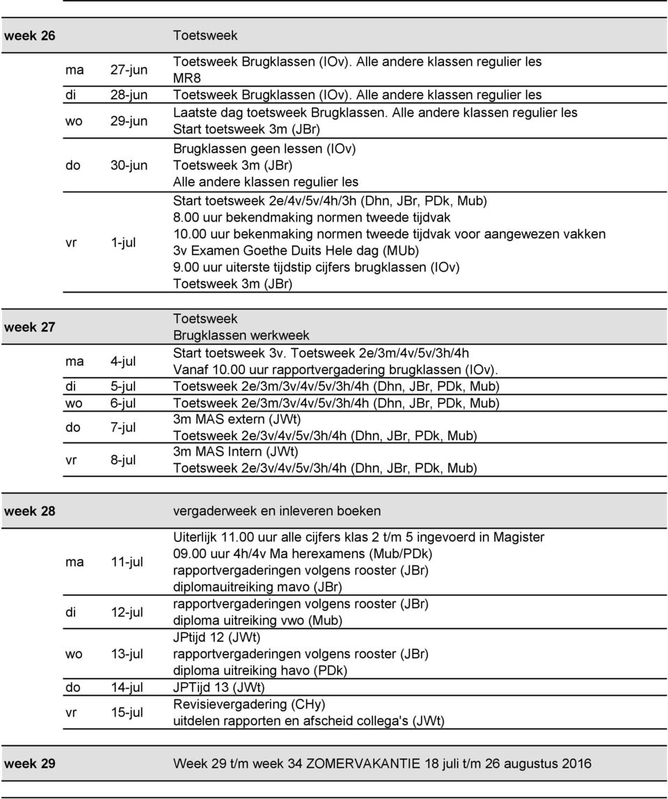 Alle andere klassen regulier les Start toetsweek 3m (JBr) 30-jun 1-jul Brugklassen geen lessen (IOv) Toetsweek 3m (JBr) Alle andere klassen regulier les Start toetsweek 2e/4v/5v/4h/3h (Dhn, JBr, PDk,