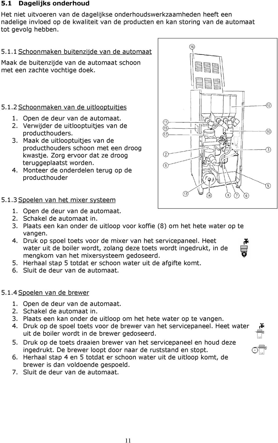 Zorg ervoor dat ze droog teruggeplaatst worden. 4. Monteer de onderdelen terug op de producthouder 5.1.3 Spoelen van het mixer systeem 2. Schakel de automaat in. 3.