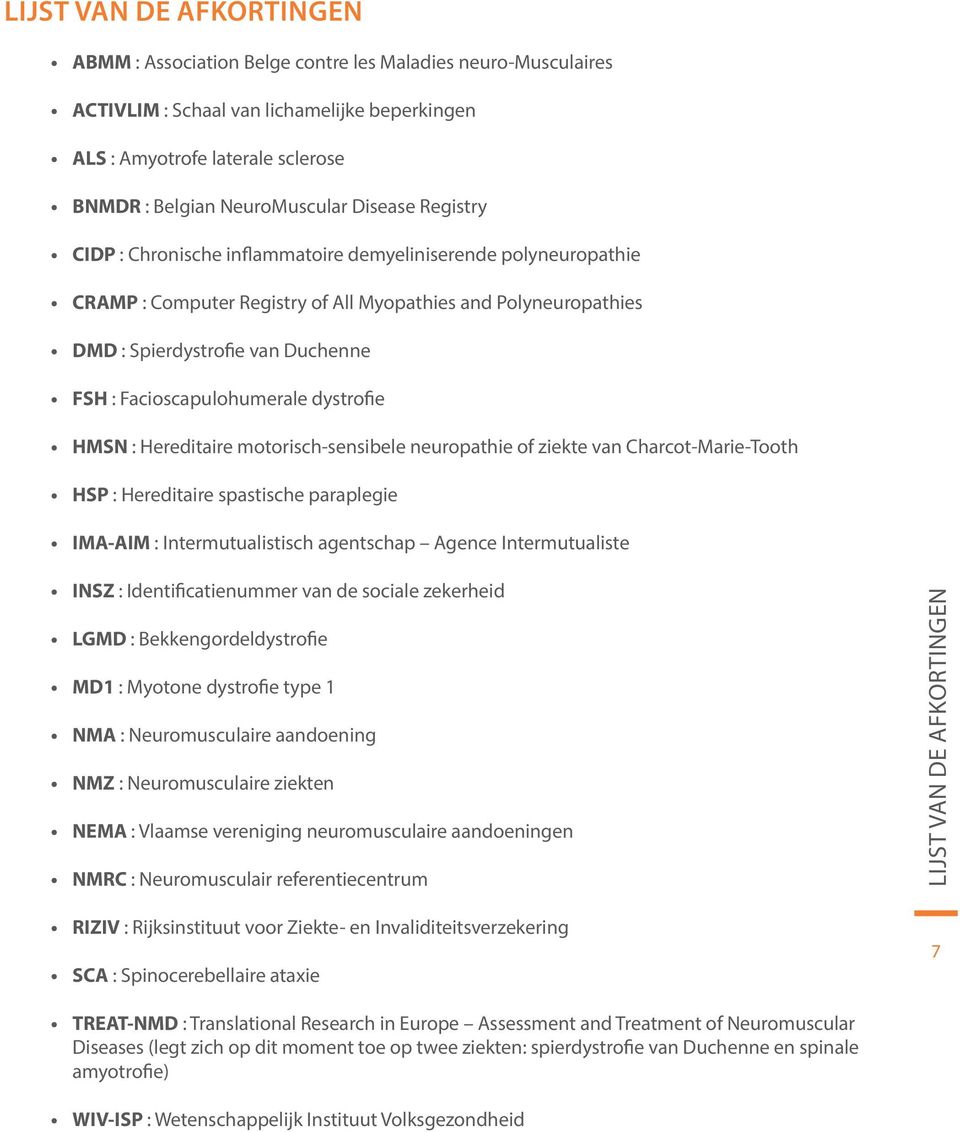 Facioscapulohumerale dystrofie HMSN : Hereditaire motorisch-sensibele neuropathie of ziekte van Charcot-Marie-Tooth HSP : Hereditaire spastische paraplegie IMA-AIM : Intermutualistisch agentschap